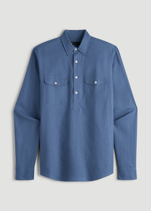 Linen Popover Shirt for Tall Men in Deep Cobalt