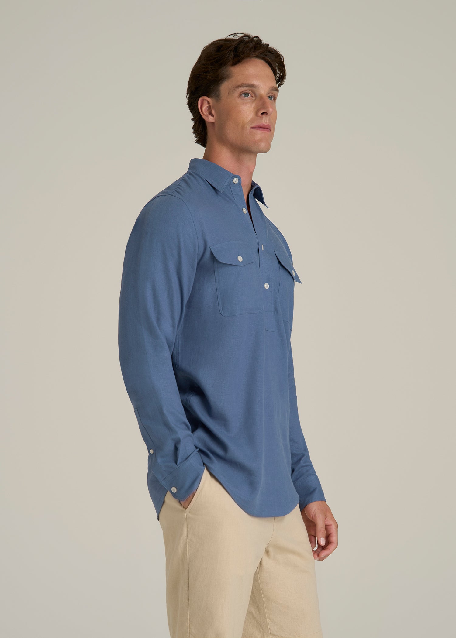 Linen Popover Shirt for Tall Men in Deep Cobalt