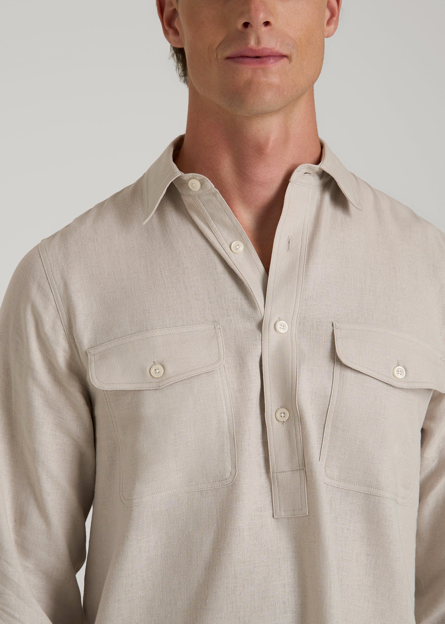 Linen Popover Shirt for Tall Men in Light Taupe
