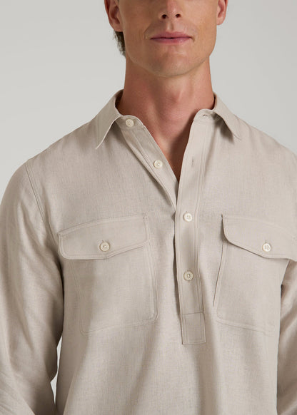 Linen Popover Shirt for Tall Men in Light Taupe