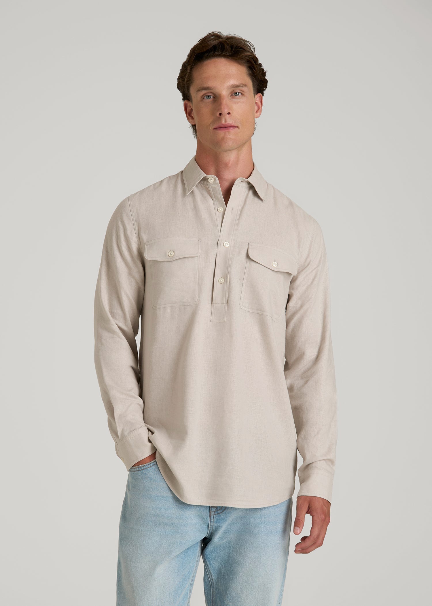 Linen Popover Shirt for Tall Men in Light Taupe