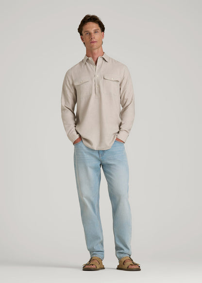 Linen Popover Shirt for Tall Men in Light Taupe