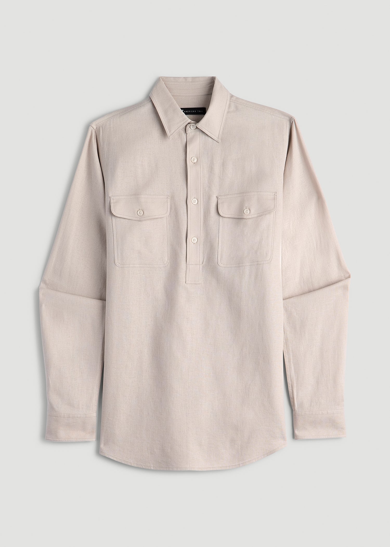 Linen Popover Shirt for Tall Men in Light Taupe