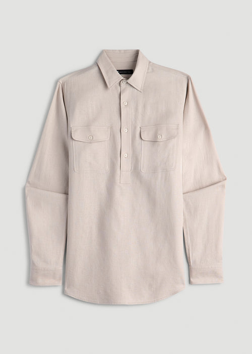 Linen Popover Shirt for Tall Men in Light Taupe