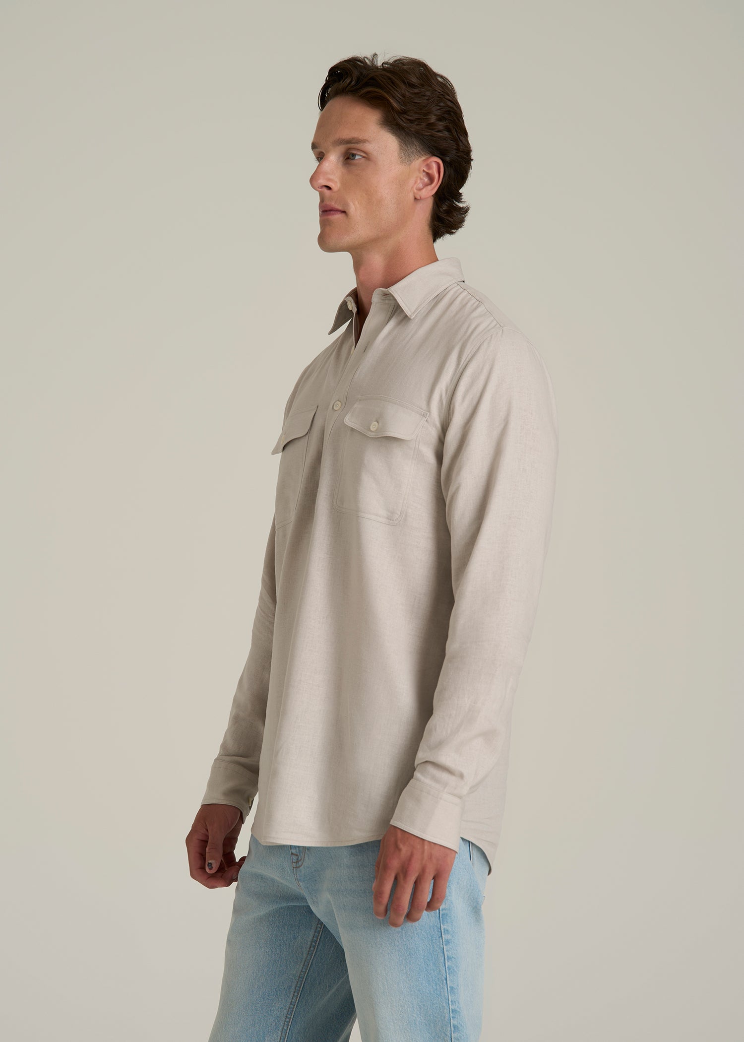 Linen Popover Shirt for Tall Men in Light Taupe