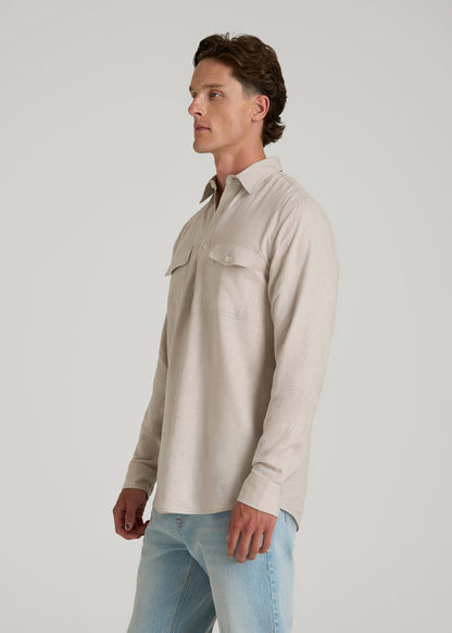 Linen Popover Shirt for Tall Men in Light Taupe