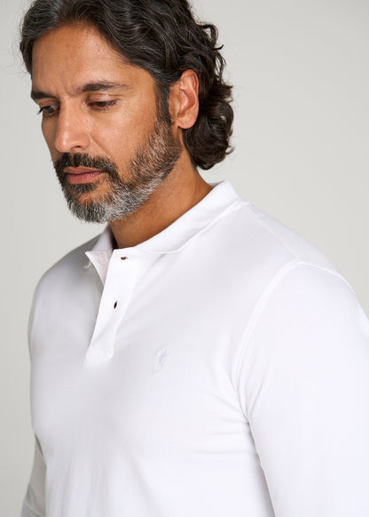 Long Sleeve Classic Polo for Tall Men in Bright White