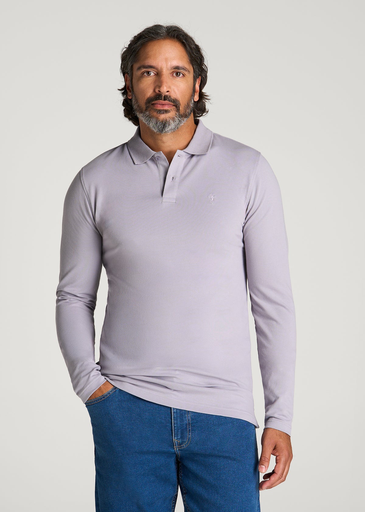 Long Sleeve Classic Polo for Tall Men in Dusty Lilac