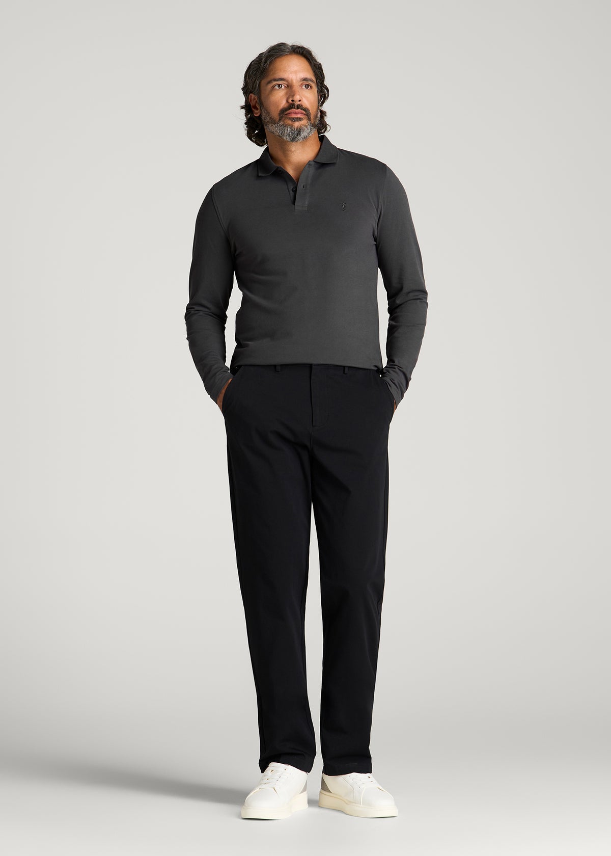 Long Sleeve Classic Polo for Tall Men in Iron Grey