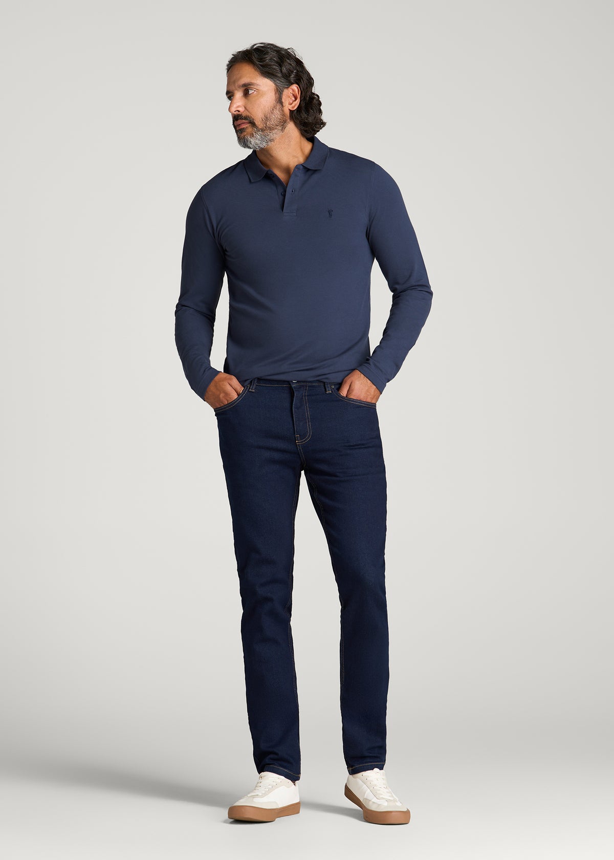 Long Sleeve Classic Polo for Tall Men in Marine Navy