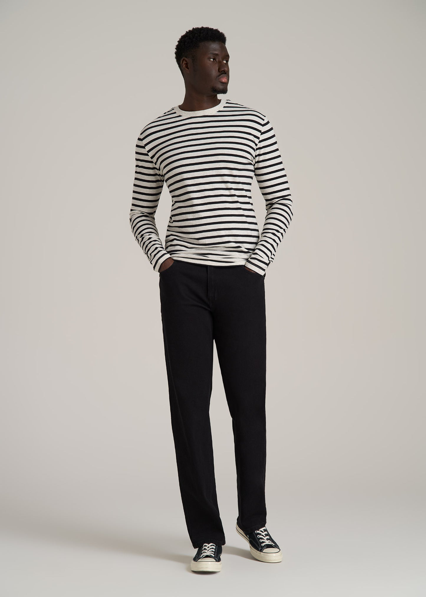 Long Sleeve Striped Tall Men's Tee in Beige Heather and Black Stripe