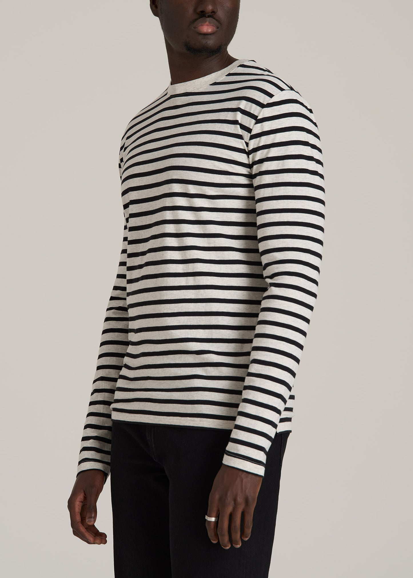 Long Sleeve Striped Tall Men's Tee in Beige Heather and Black Stripe