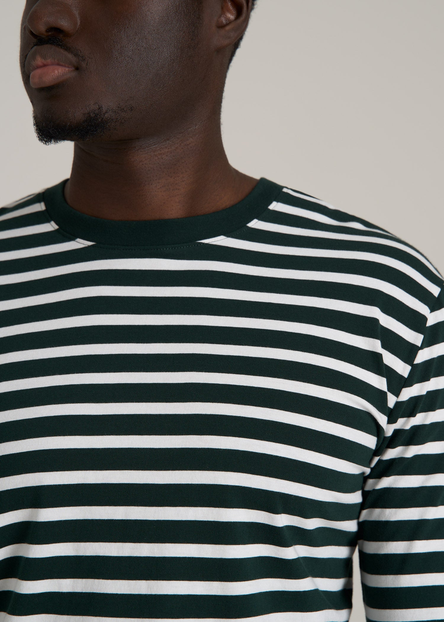 Long Sleeve Striped Tee for Tall Men in Emerald and White Stripe