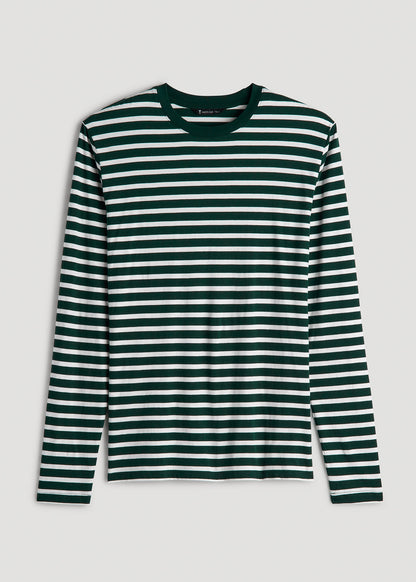 Long Sleeve Striped Tee for Tall Men in Emerald and White Stripe