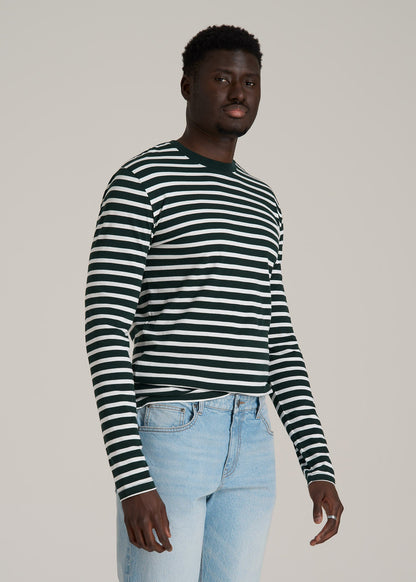 Long Sleeve Striped Tee for Tall Men in Emerald and White Stripe