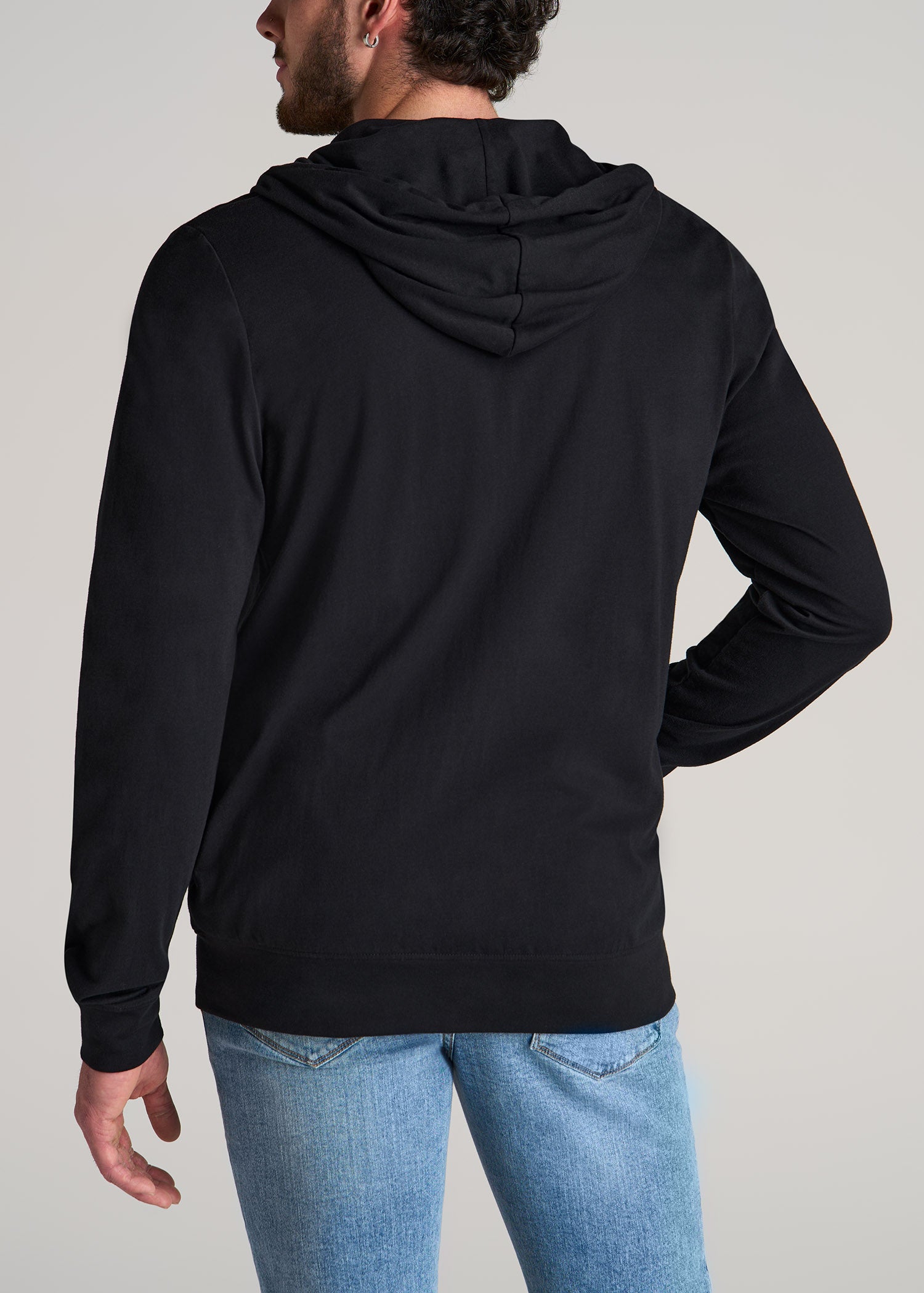 Long Sleeve Full Zip Jersey Hoodie for Tall Men in Black