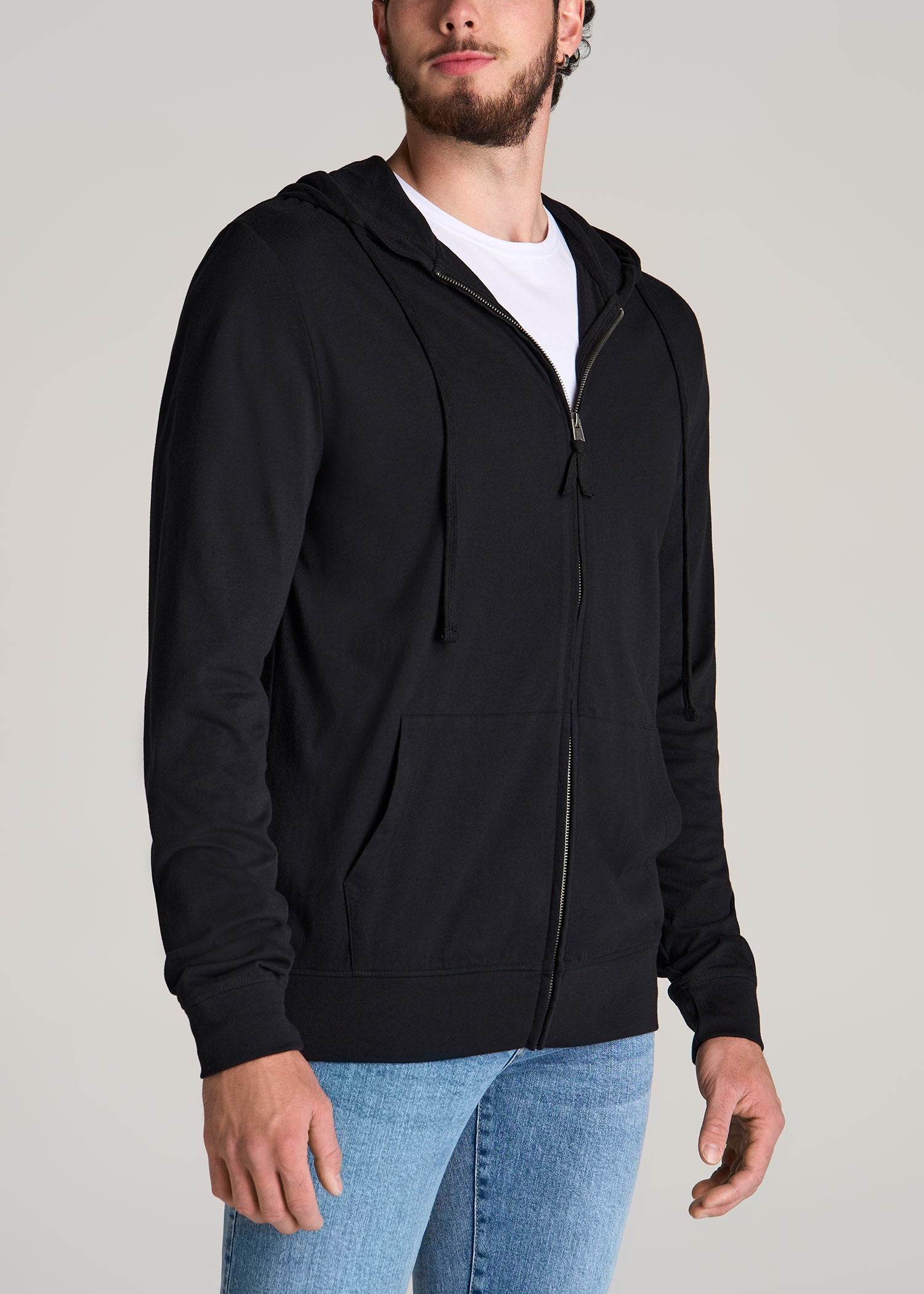 Long Sleeve Full Zip Jersey Hoodie for Tall Men in Black