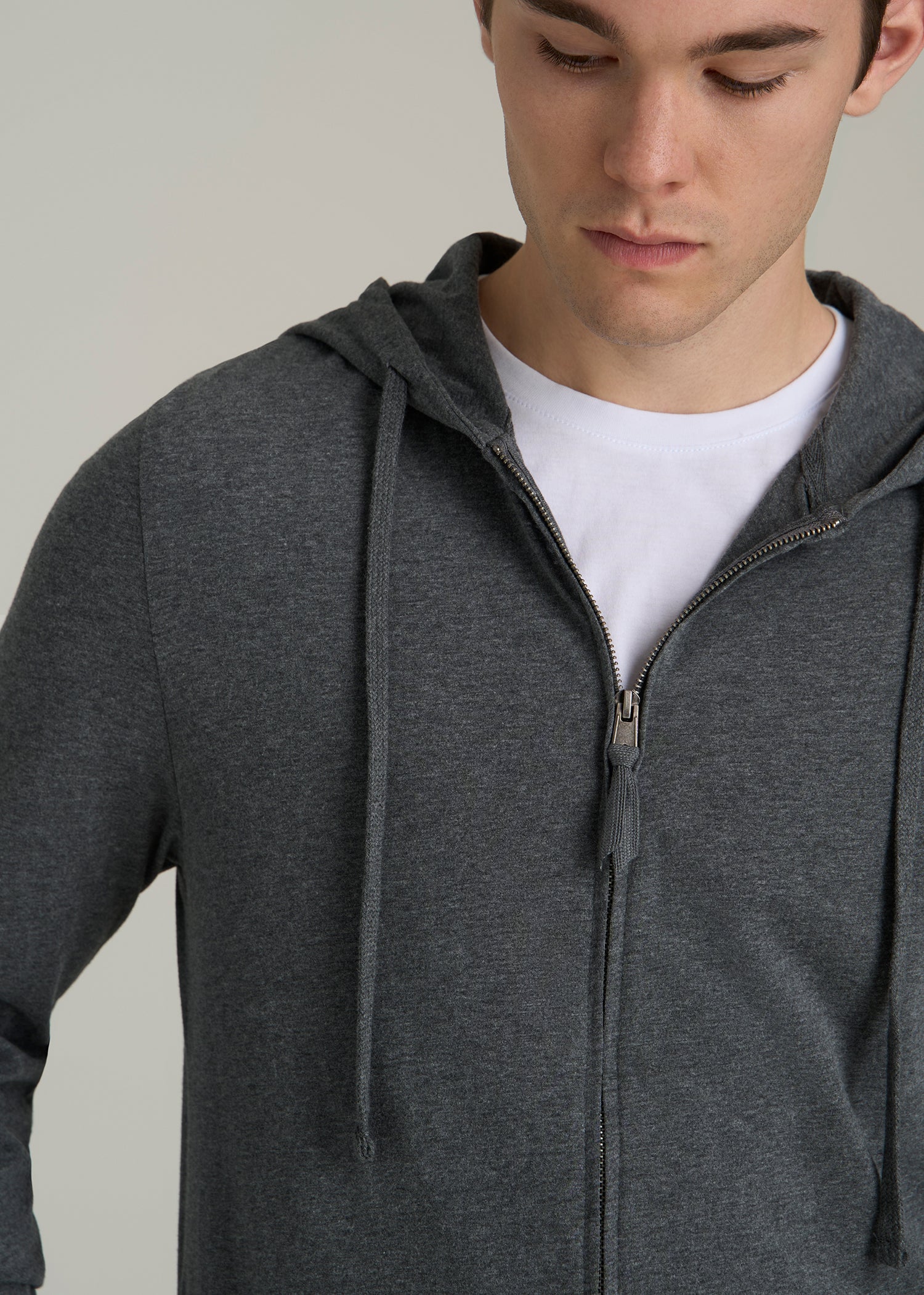 Long Sleeve Full Zip Jersey Hoodie for Tall Men in Charcoal Mix