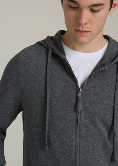 Long Sleeve Full Zip Jersey Hoodie for Tall Men in Charcoal Mix