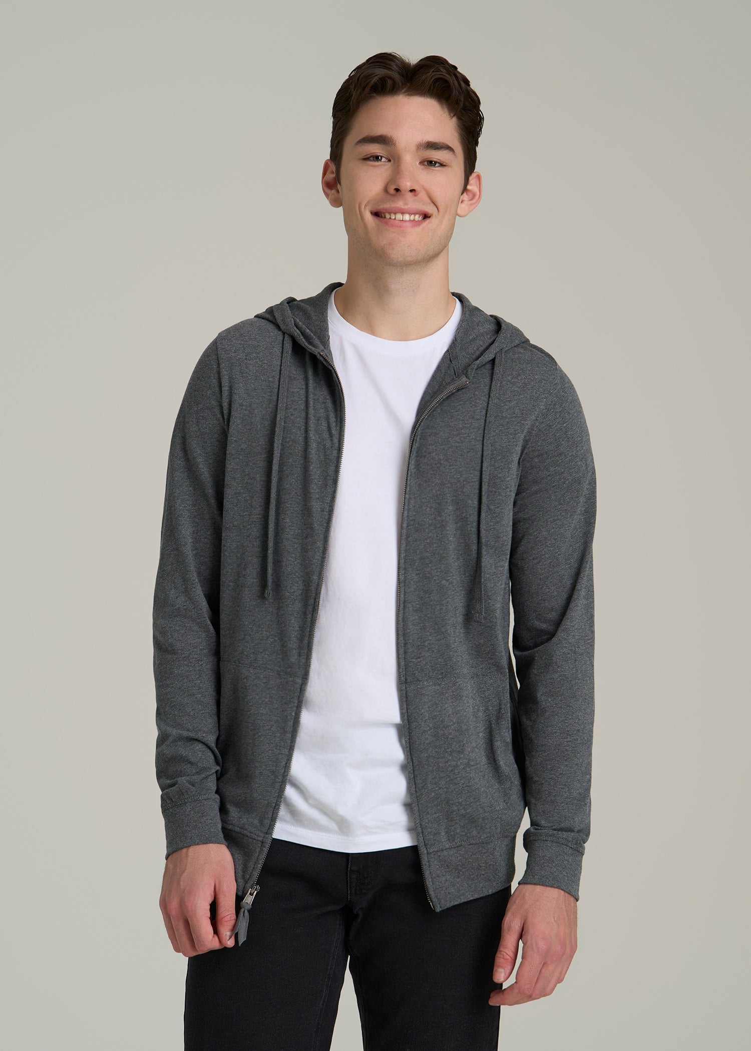 Long Sleeve Full Zip Jersey Hoodie for Tall Men in Charcoal Mix
