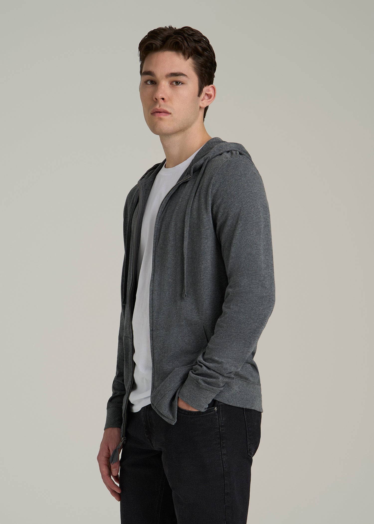 Long Sleeve Full Zip Jersey Hoodie for Tall Men in Charcoal Mix
