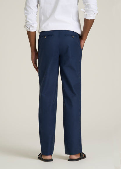 Stretch Cotton Linen Blend Pull-On Pants for Tall Men in Navy Blue