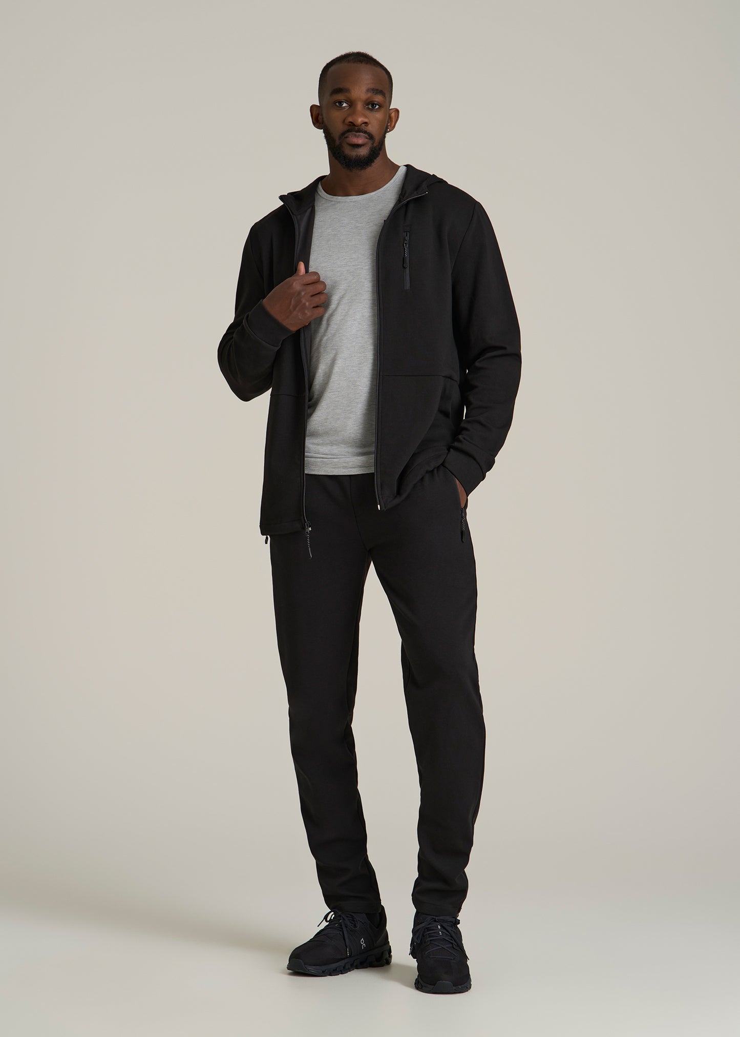 Tall Men's Tech-Knit Long Track Jacket in Black