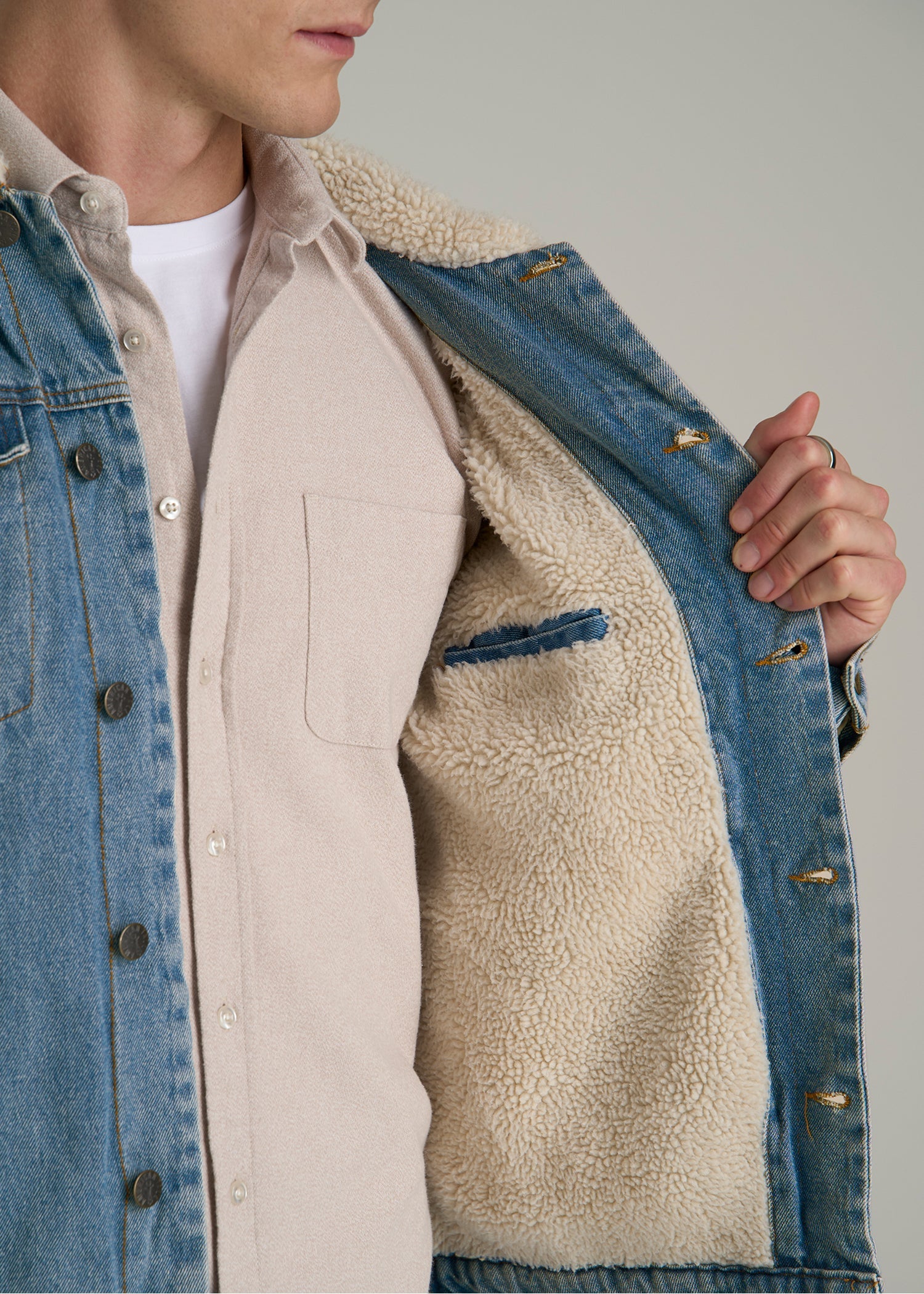 Denim Sherpa Jacket for Tall Men in Stonewash Blue