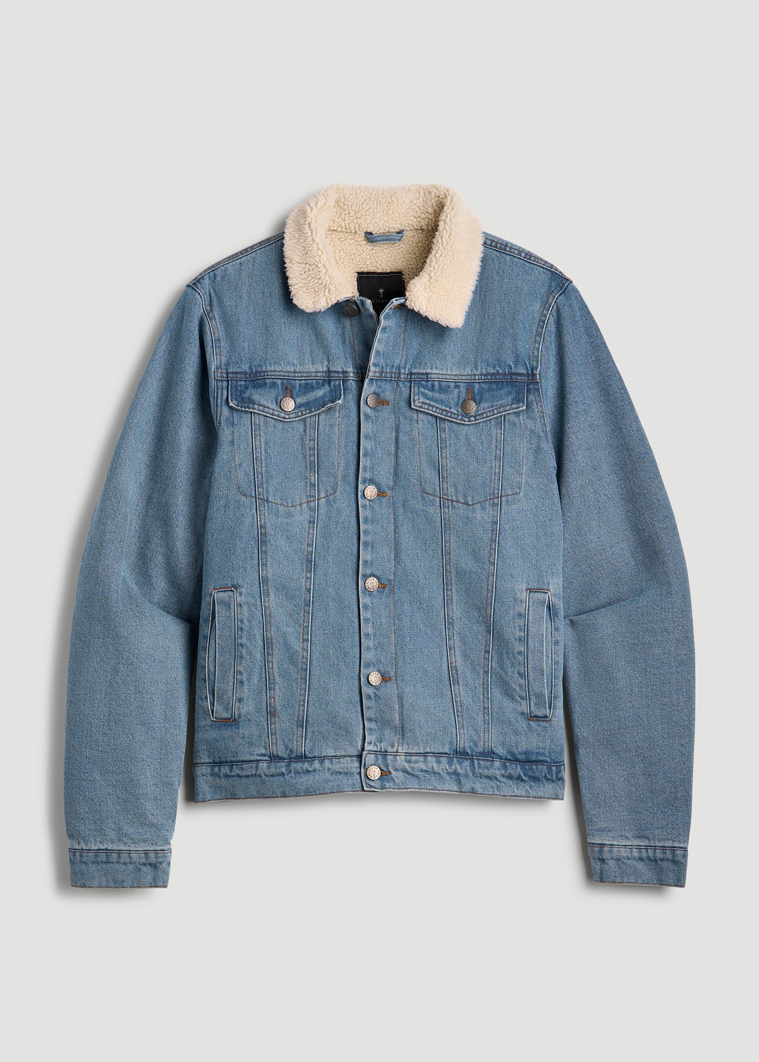 Men Denim Jacket: Tall Stonewash Blue Denim Sherpa Jacket