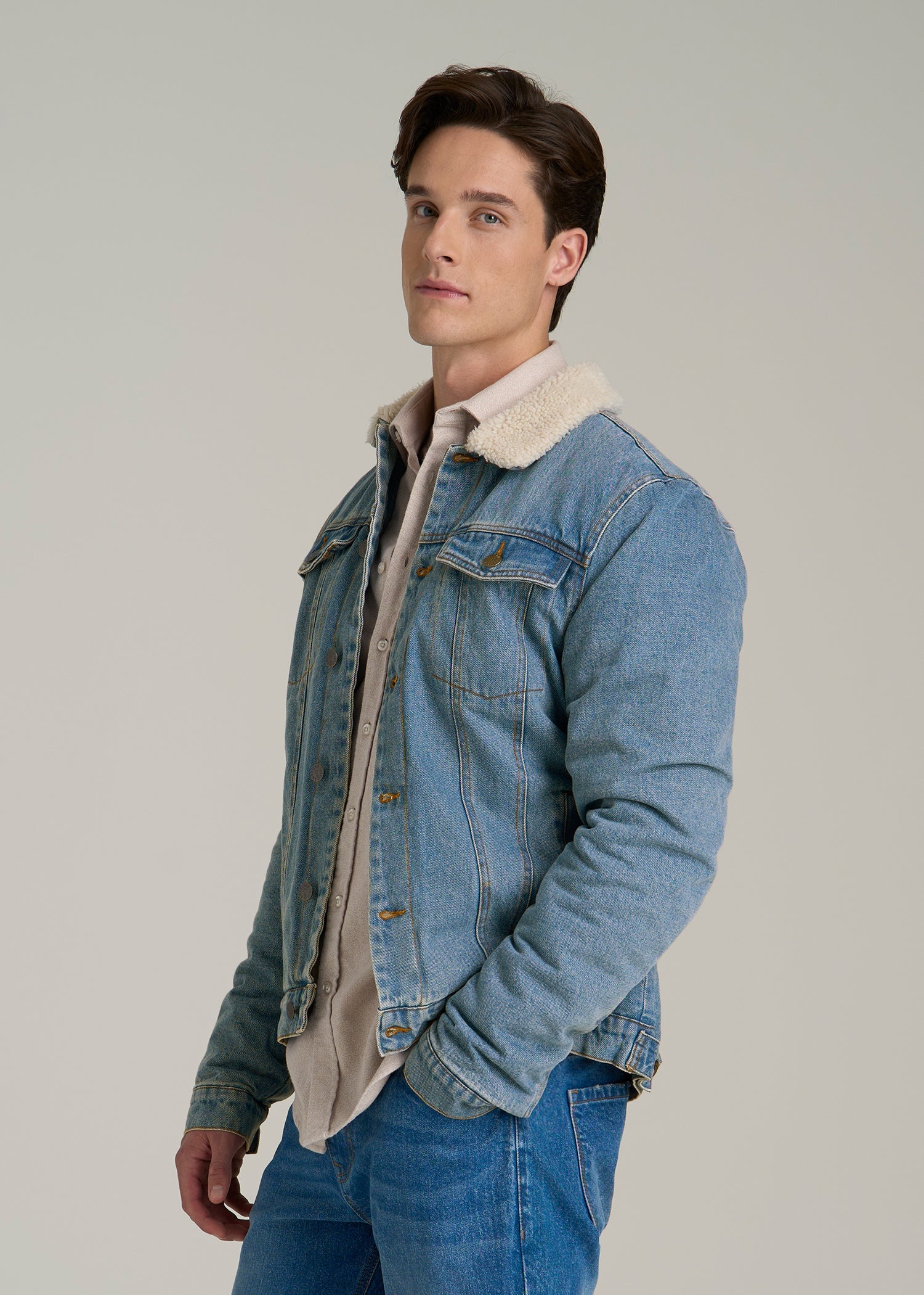 Denim Sherpa Jacket for Tall Men in Stonewash Blue
