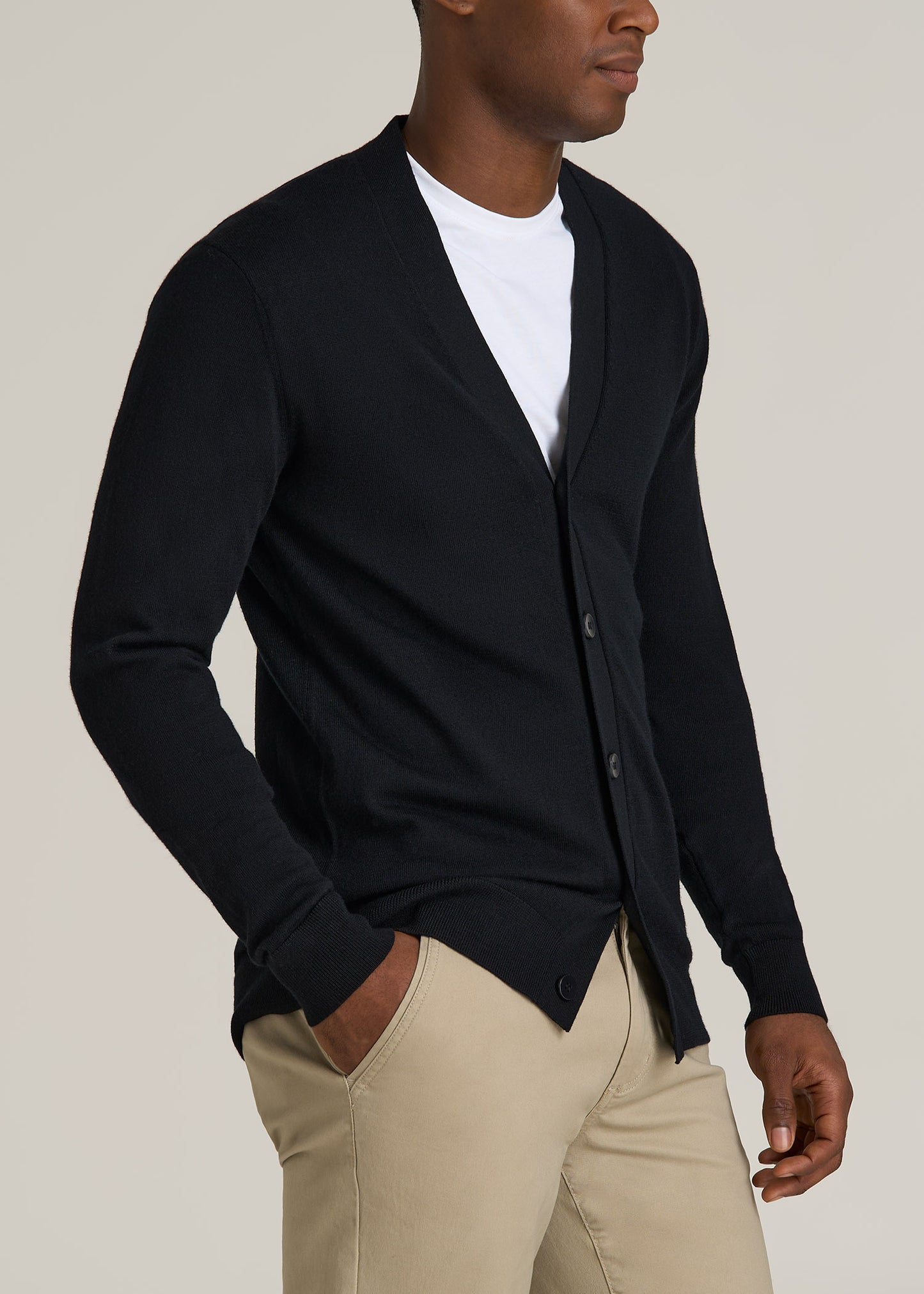 Merino Wool Cardigan Sweater for Tall Men in Black