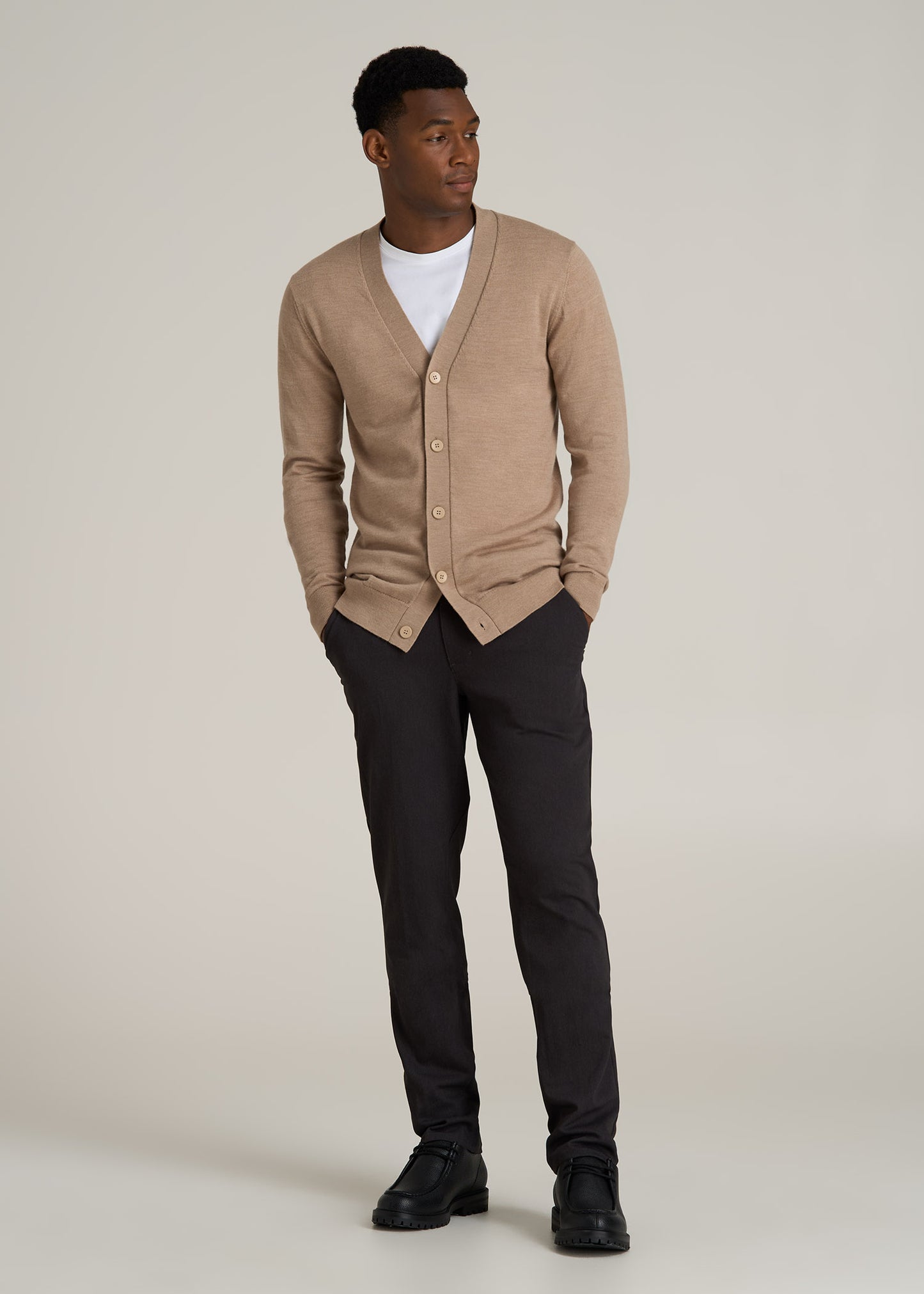 Merino Wool Cardigan Sweater for Tall Men in Oat