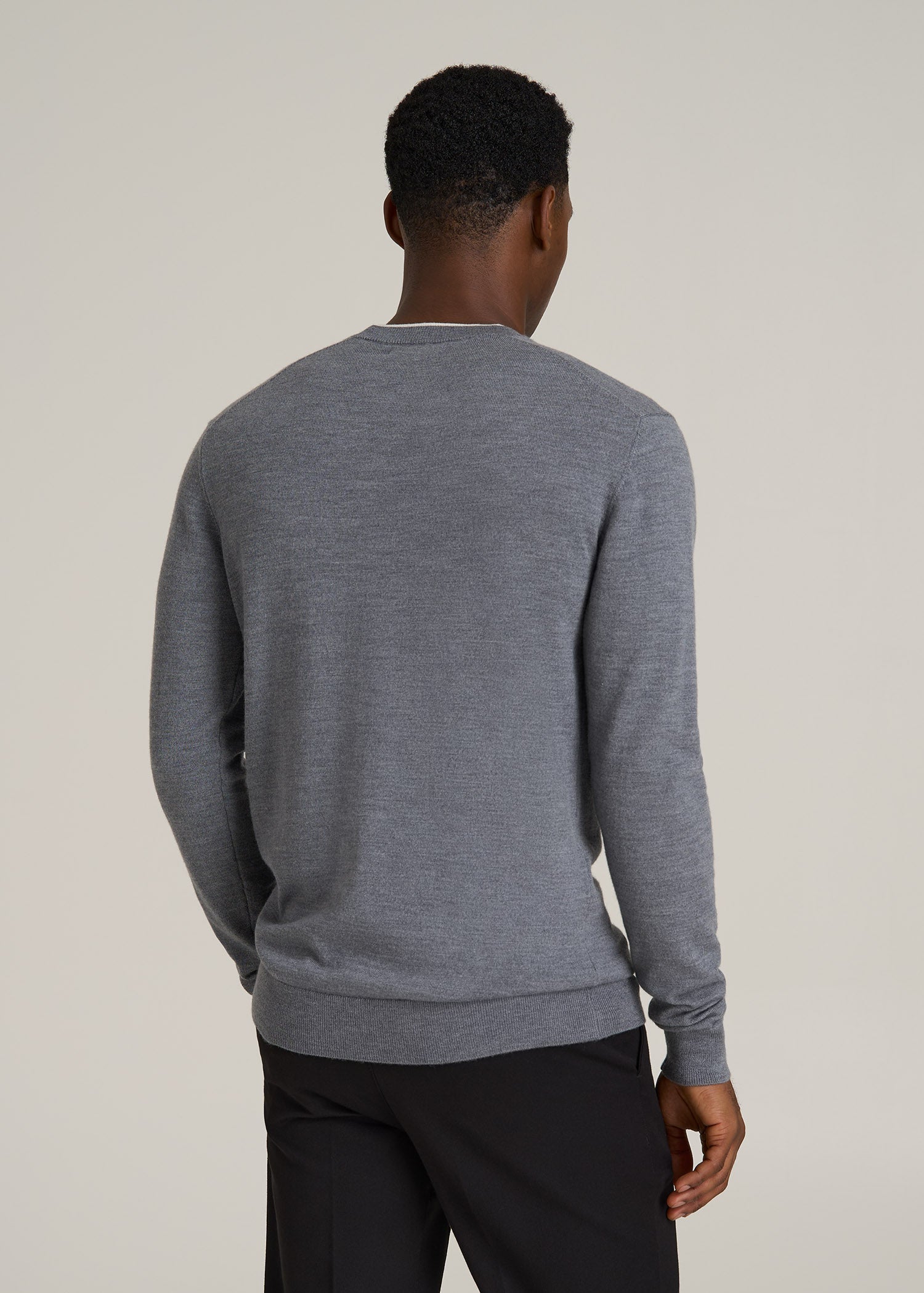Merino Wool Crewneck Tip Sweater for Tall Men in Grey Mix