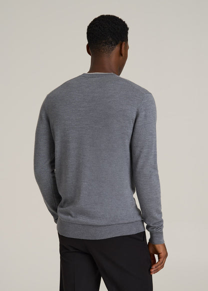 Merino Wool Crewneck Tip Sweater for Tall Men in Grey Mix