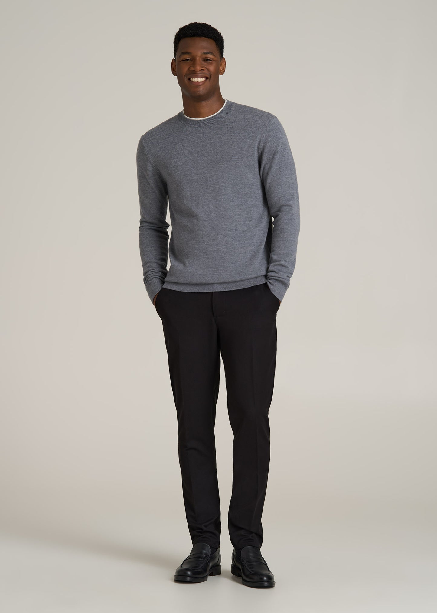 Merino Wool Crewneck Tip Sweater for Tall Men in Grey Mix