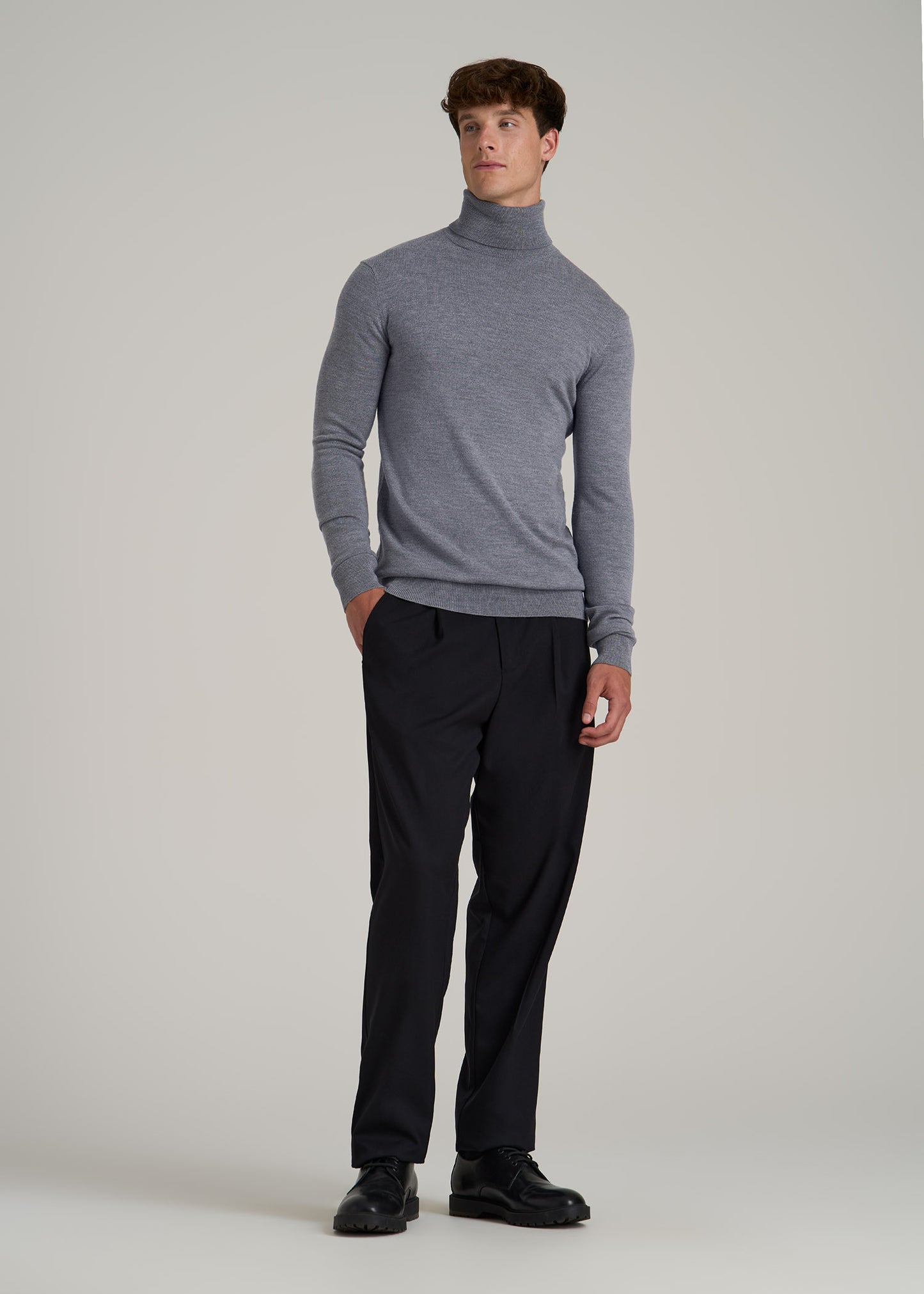 Merino Wool Turtleneck Sweater for Tall Men in Grey Mix