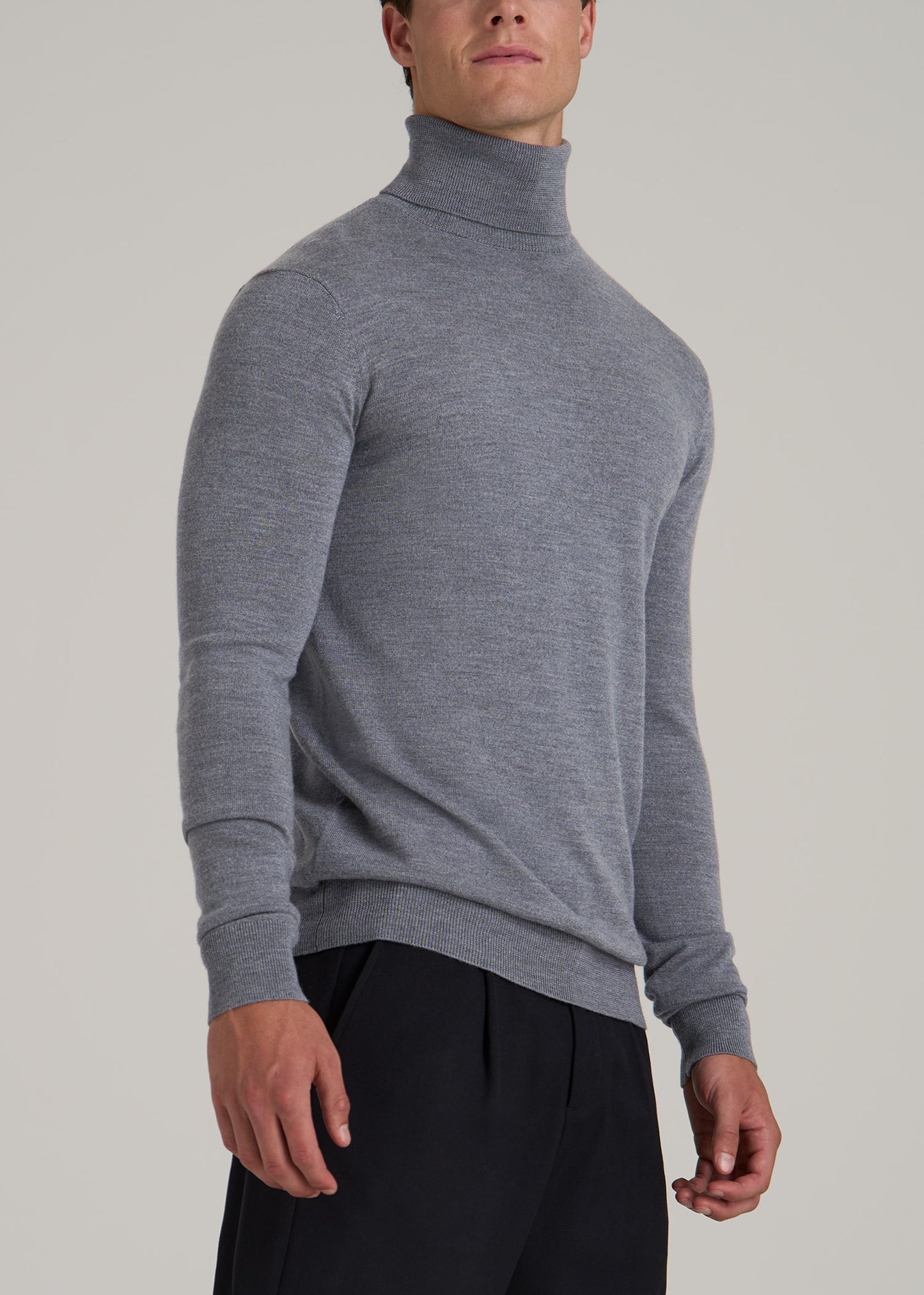 Merino Wool Turtleneck Sweater for Tall Men in Grey Mix