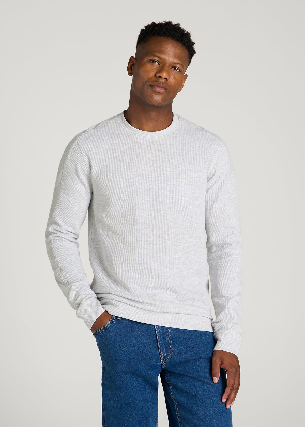 Micro-Waffle Crewneck for Tall Men in Light Heather Grey
