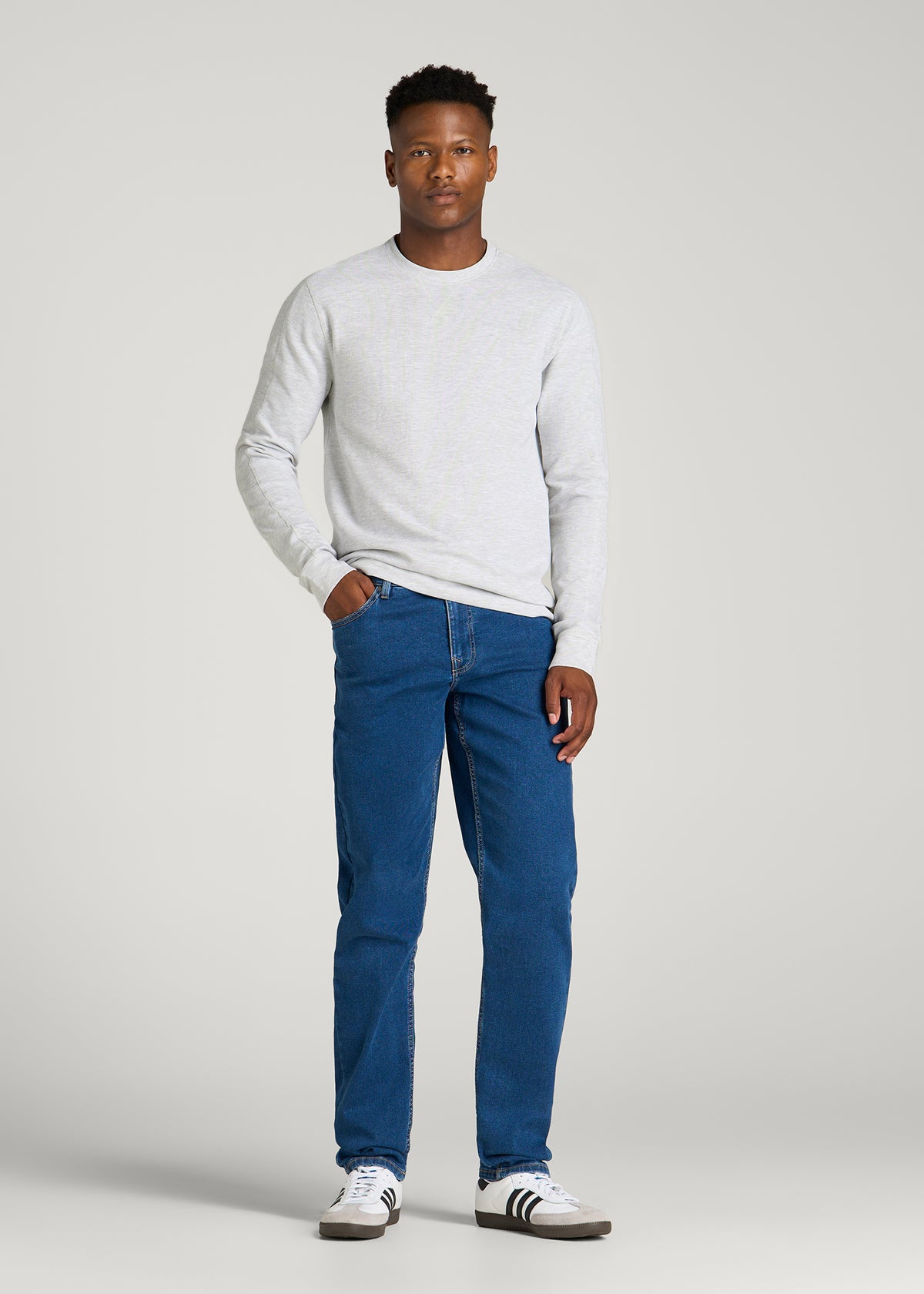 Micro-Waffle Crewneck for Tall Men in Light Heather Grey
