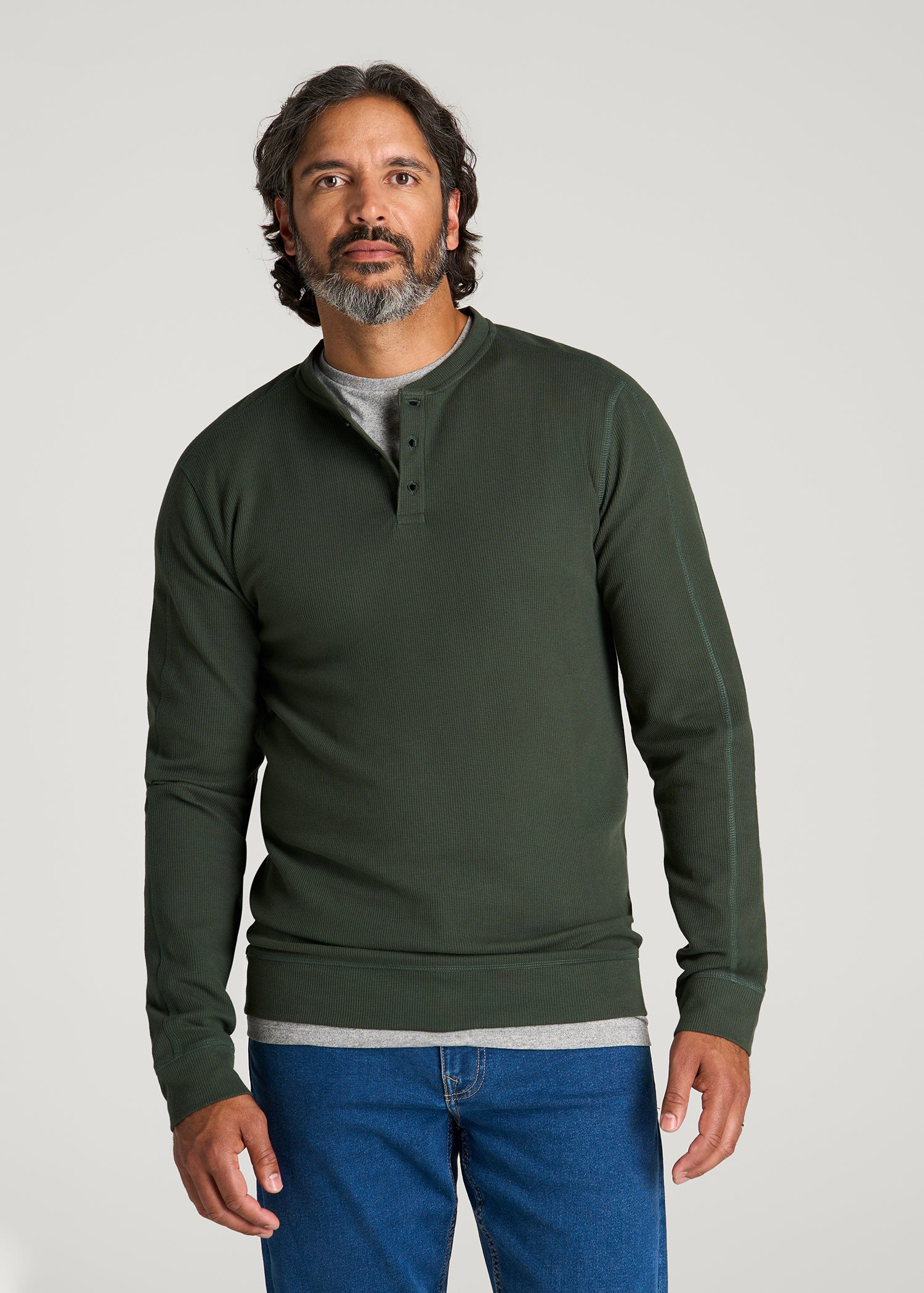Micro-Waffle Henley for Tall Men in Boreal Forest