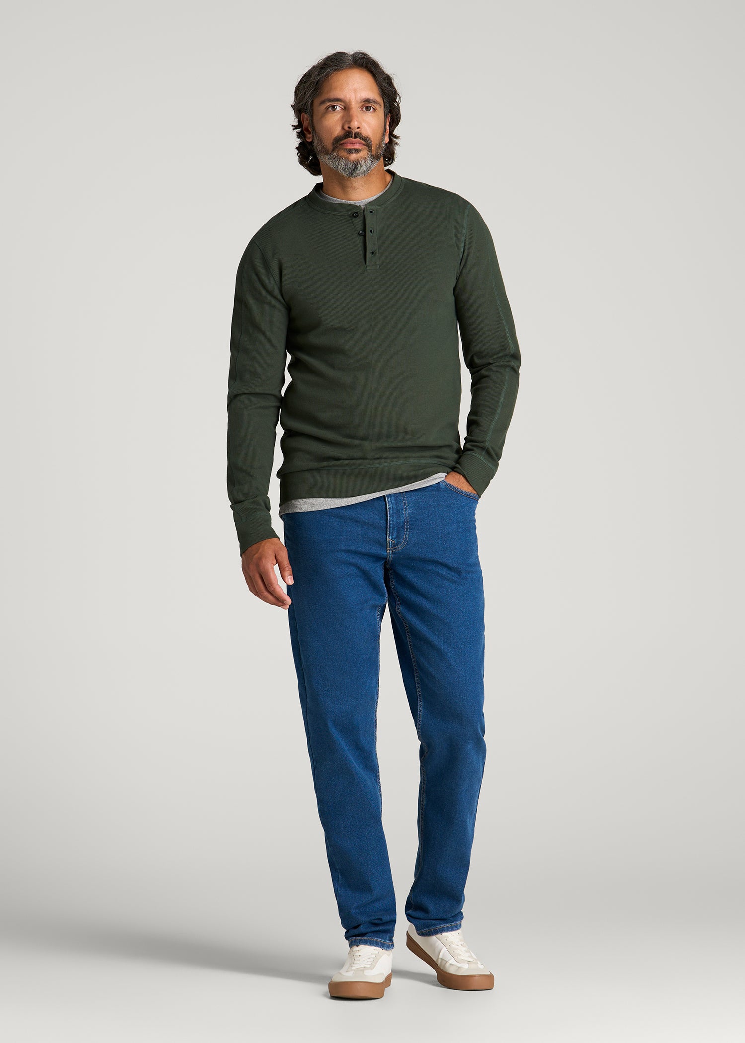 Micro-Waffle Henley for Tall Men in Boreal Forest