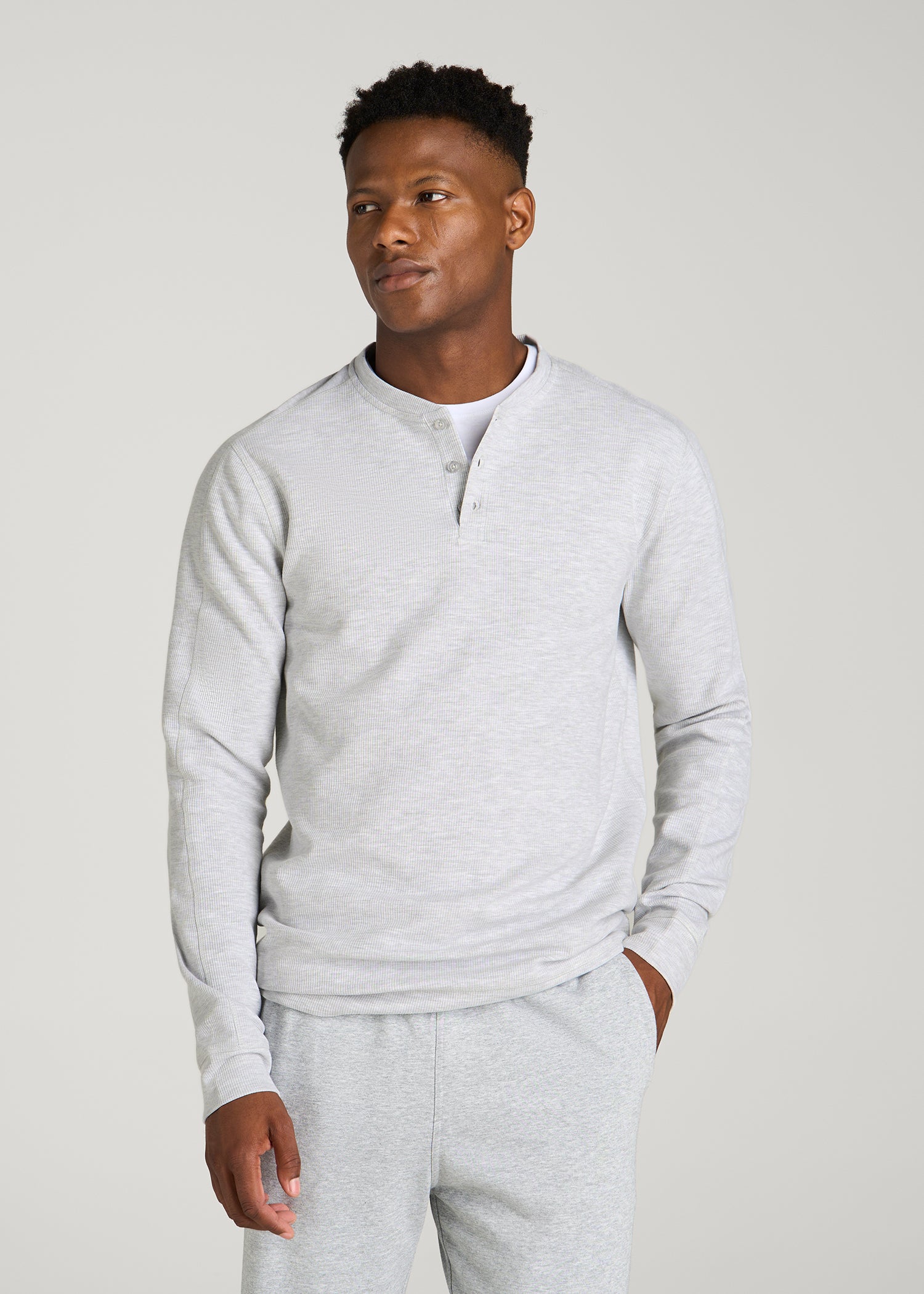 Micro-Waffle Henley for Tall Men in Light Heather Grey