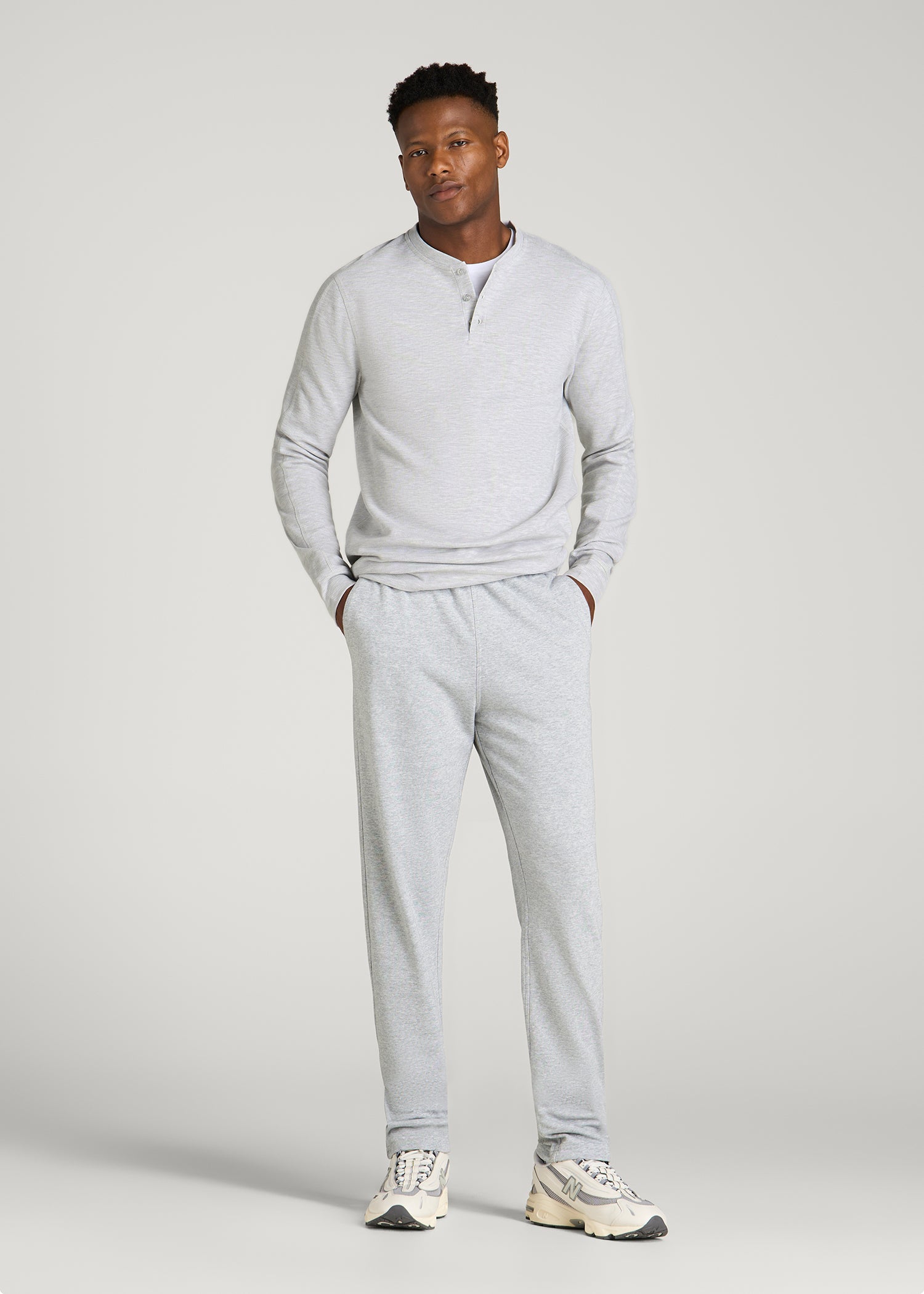 Micro-Waffle Henley for Tall Men in Light Heather Grey