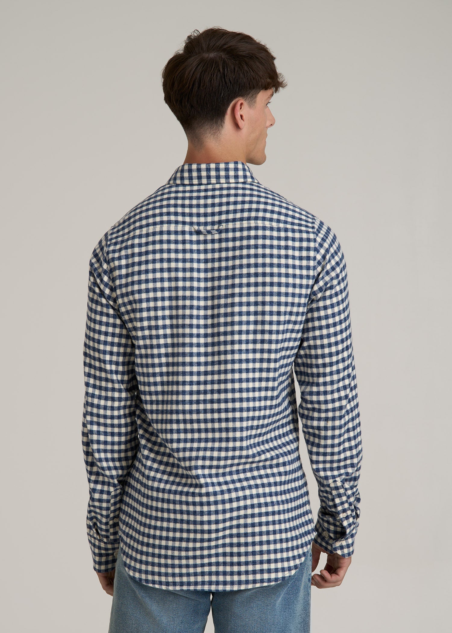 Midweight Brushed Flannel Button Shirt for Tall Men in Blue and Ecru Gingham
