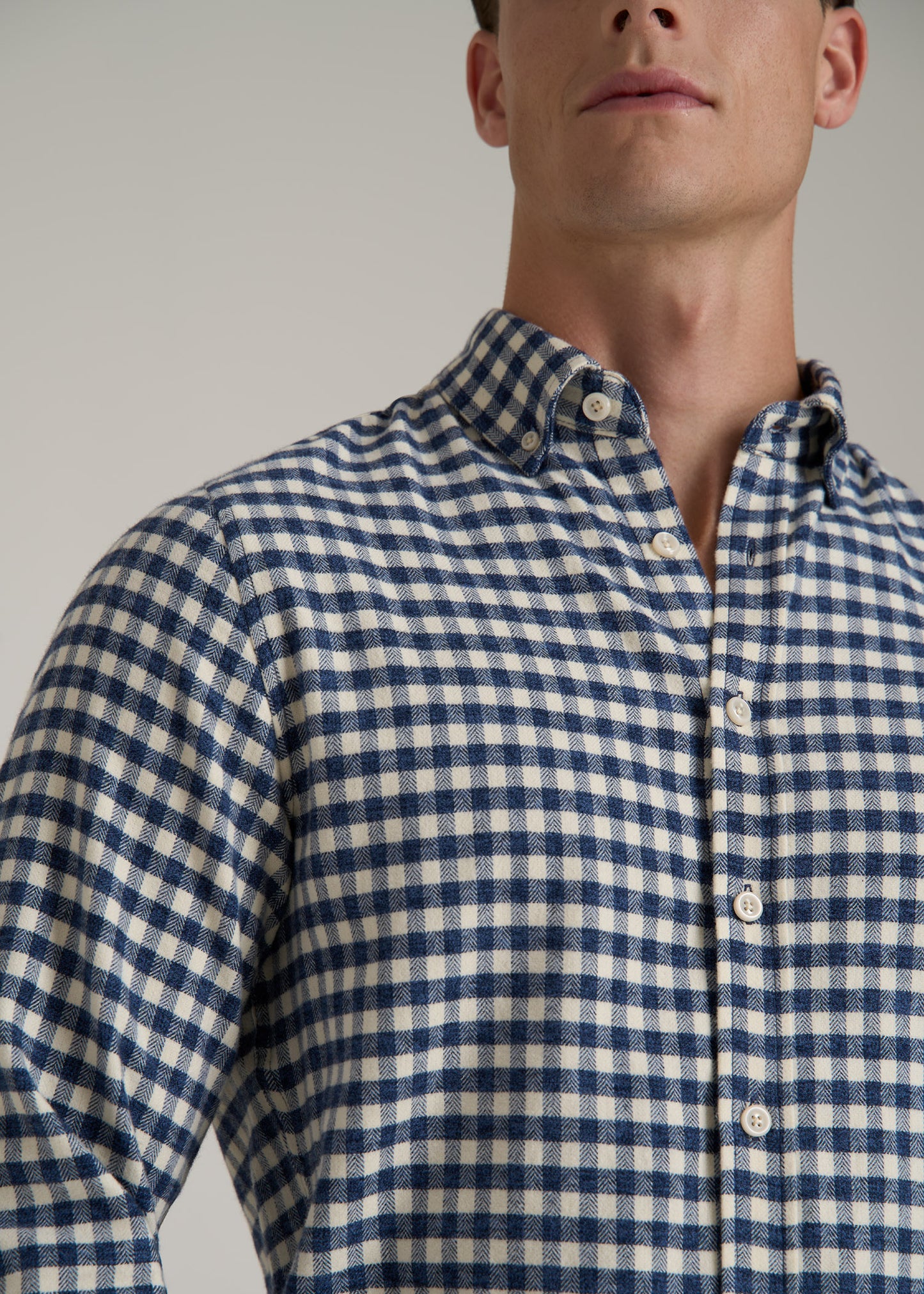 Midweight Brushed Flannel Button Shirt for Tall Men in Blue and Ecru Gingham