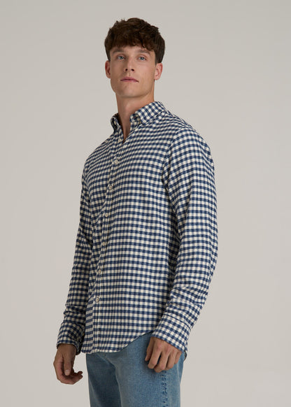Midweight Brushed Flannel Button Shirt for Tall Men in Blue and Ecru Gingham