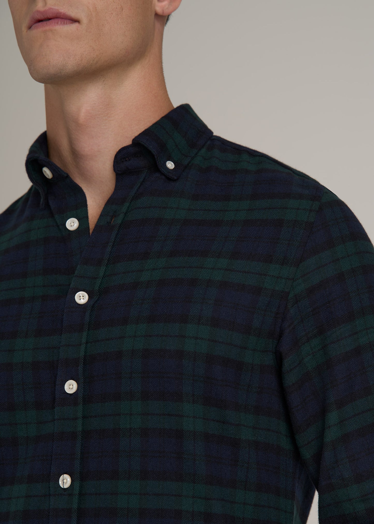 Midweight Brushed Flannel Button Shirt for Tall Men in Blue Herringbone Tartan