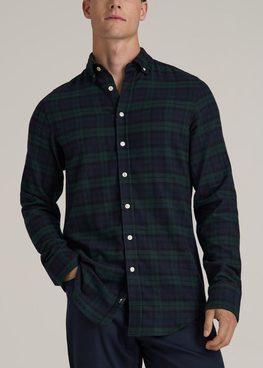 Midweight Brushed Flannel Button Shirt for Tall Men in Blue Herringbone Tartan