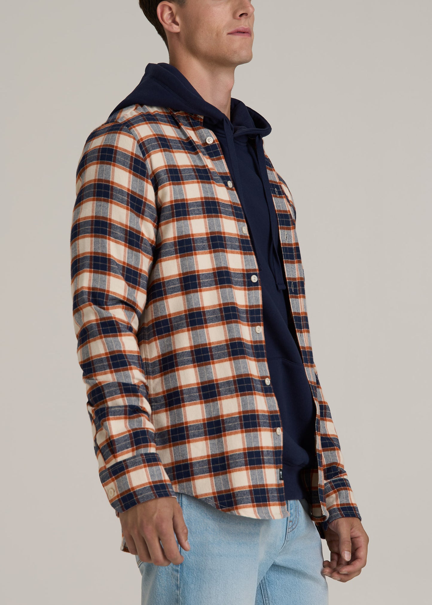 Midweight Brushed Flannel Button Shirt for Tall Men in Blue and Orange Plaid