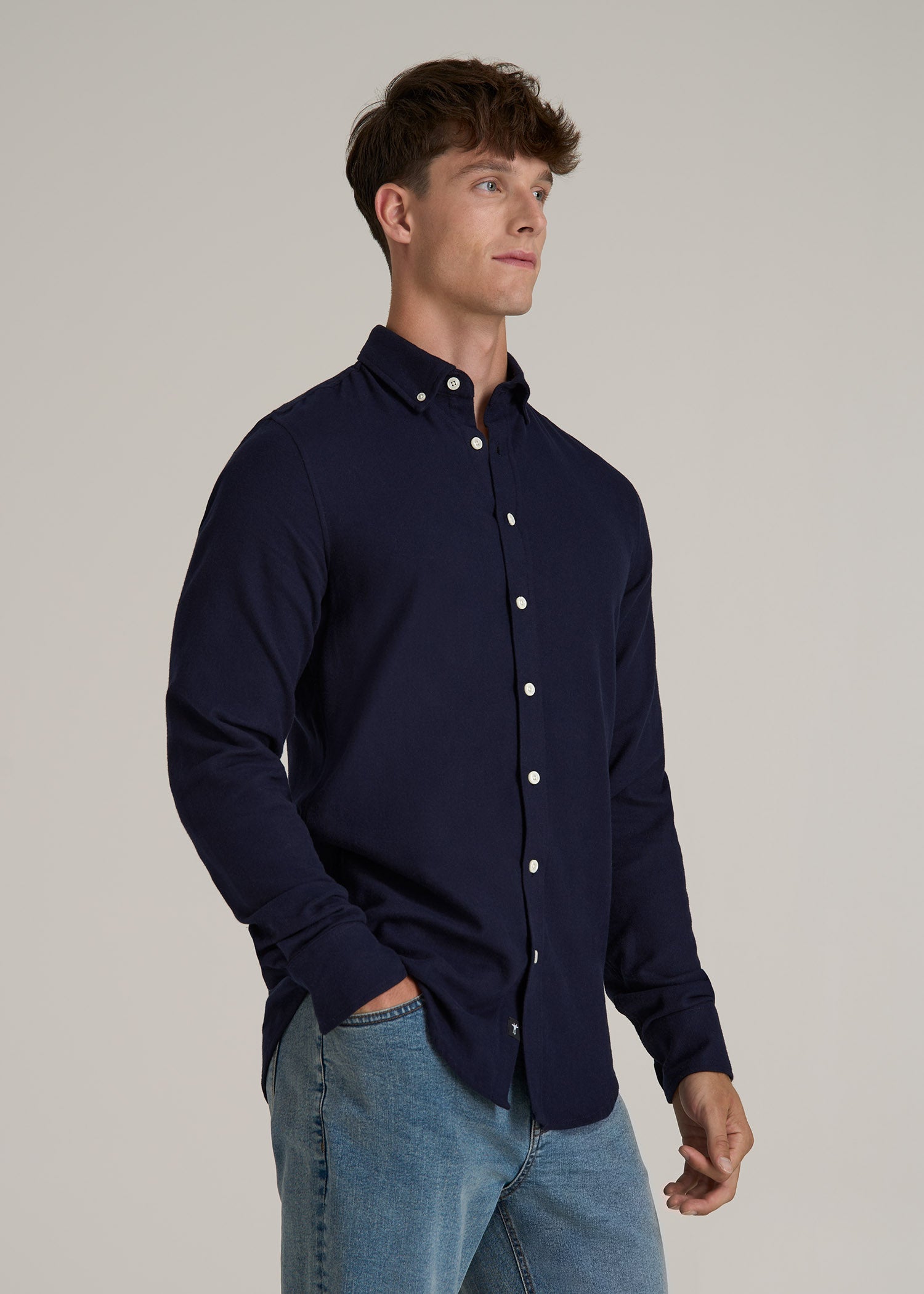 Midweight Brushed Flannel Button Shirt for Tall Men in Evening Blue